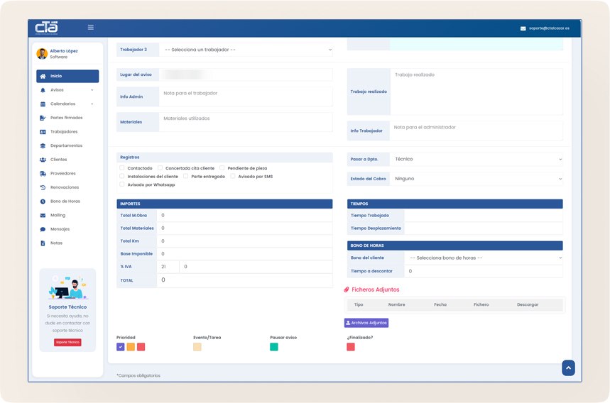 Captura de pantalla del software de gestión de avisos - Detalle de aviso
